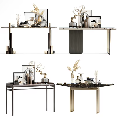 Modern Console Table Design With Decorative Vases Sculptures And Metal Frames 3d model