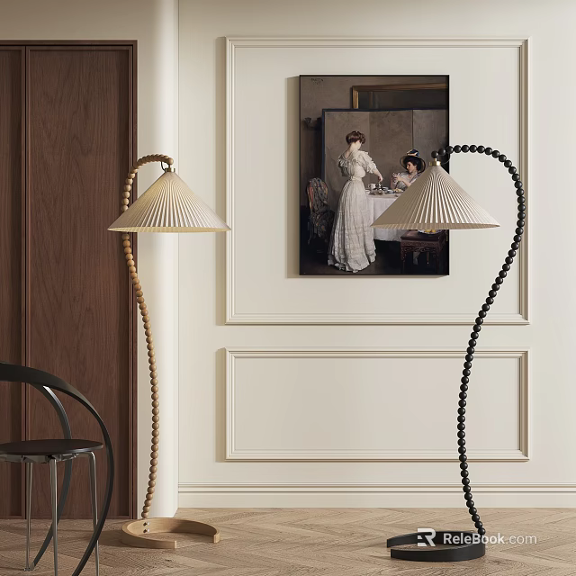 Golden And Black Modern Floor Lamps In Interior With Wall Art And Chair 3d model 