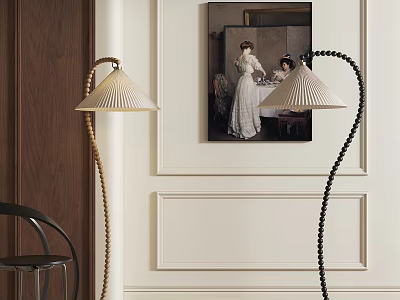 Golden And Black Modern Floor Lamps In Interior With Wall Art And Chair 3d model