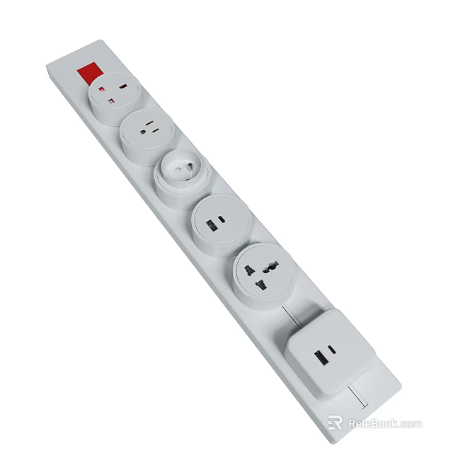 White Power Strip With Multiple Sockets And Red On Off Switch 3d model 
