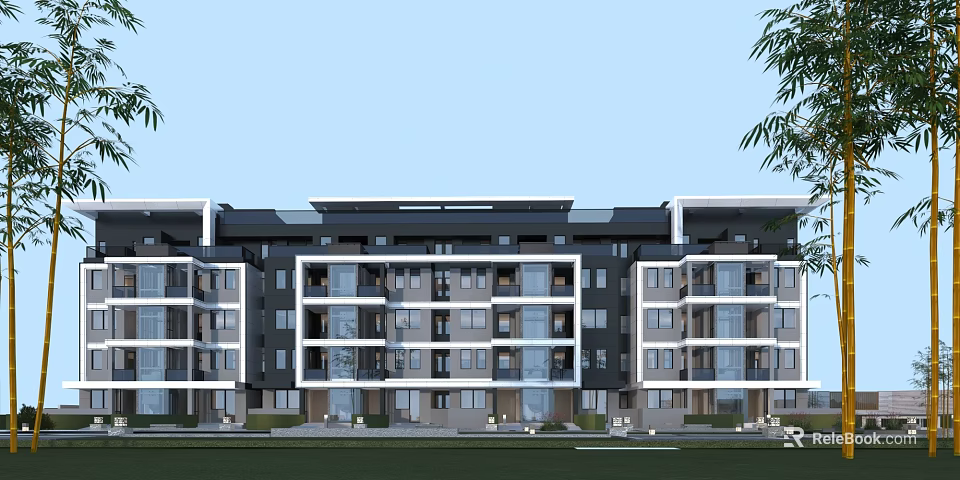 Modern Multi Story Townhouse Exterior With Balconies Large Windows Green Lawn And Trees 3d model 