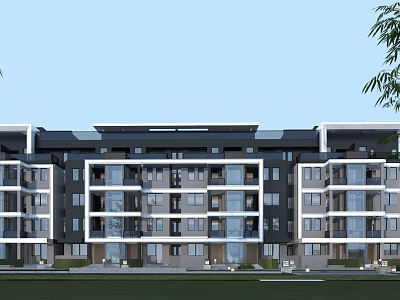 Modern Multi Story Townhouse Exterior With Balconies Large Windows Green Lawn And Trees 3d model