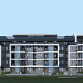 Modern Multi Story Townhouse Exterior With Balconies Large Windows Green Lawn And Trees