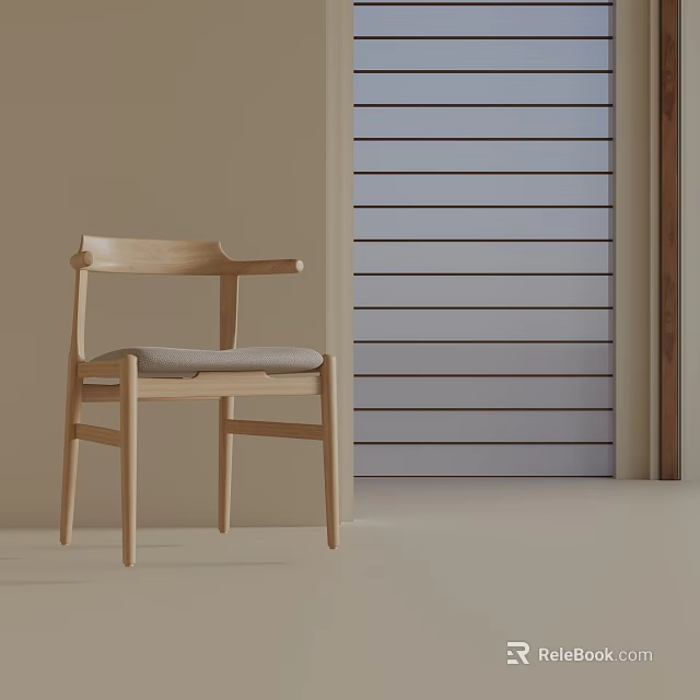 Minimalist Wooden Leisure Chair With Armrest Gray Cushion Beige Wall And Blue Slatted Blind Background 3d model 