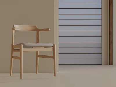 Minimalist Wooden Leisure Chair With Armrest Gray Cushion Beige Wall And Blue Slatted Blind Background 3d model