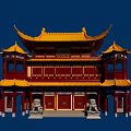 Traditional Chinese Ancient Architecture With Yellow Roof Red Structure Overhanging Eaves And Stone Lions