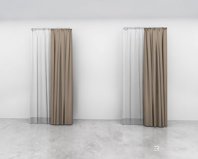 Elegant Brown Curtains With Sheer Panels In Modern Interior Design 3d model
