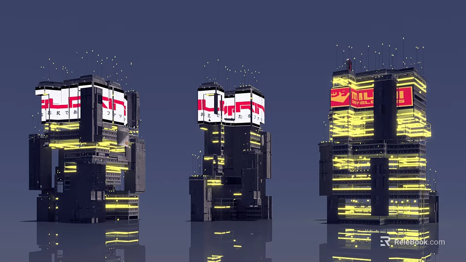 Futuristic Architecture Featuring Tall Buildings Complex Geometric Structures Large Screens Yellow Lights And Water Reflections 3d model 