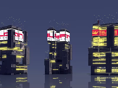 Futuristic Architecture Featuring Tall Buildings Complex Geometric Structures Large Screens Yellow Lights And Water Reflections 3d model