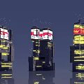 Futuristic Architecture Featuring Tall Buildings Complex Geometric Structures Large Screens Yellow Lights And Water Reflections