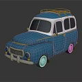 Blue And White Vintage Car With Surfboard On Roof And Rounded Body