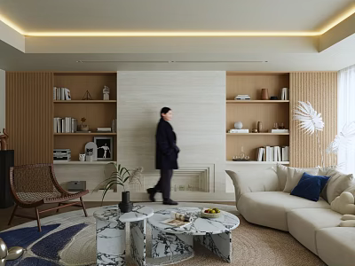 Woman walking in modern living room with cream sofa marble coffee table and wooden bookshelf 3d model
