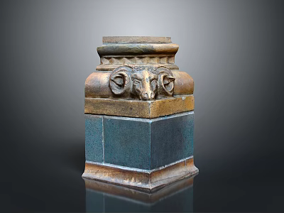 Ram Head Adorned Pedestal Featuring Bronze and Blue Square Base on Reflective Surface 3d model