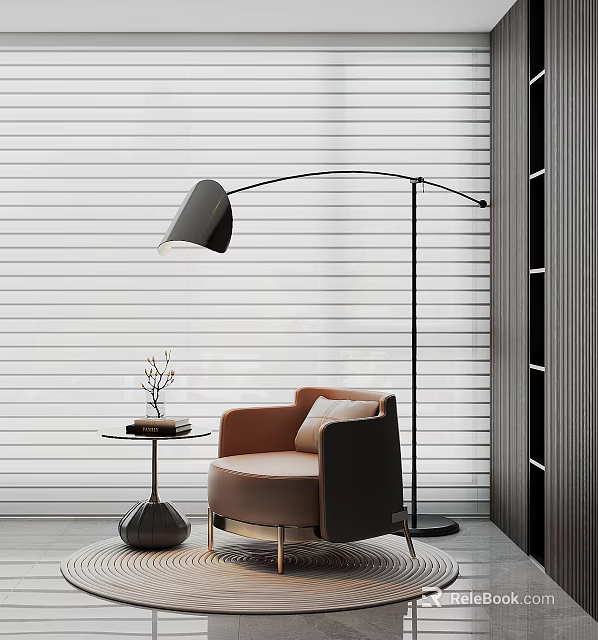 Modern Beige Single Sofa With Coffee Table Books Floor Lamp And White Blinds 3d model 