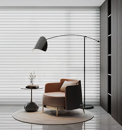 Modern Beige Single Sofa With Coffee Table Books Floor Lamp And White Blinds 3d model