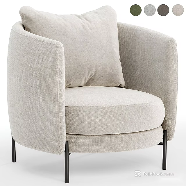 Light Beige Fabric Upholstered Single Sofa with Curved Armrests Round Backrest and Black Metal Legs 3d model 