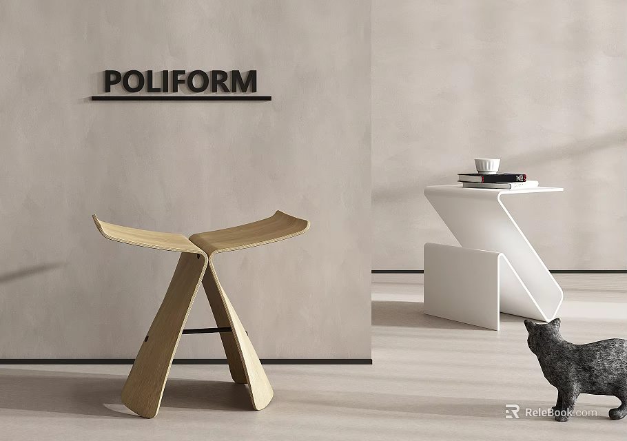Modern Wooden Designer Stool in Stylish Interior with POLIFORM Brand Side Table and Black Cat 3d model 