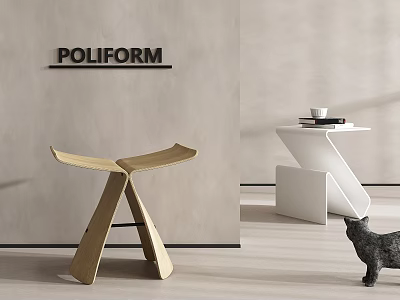 Modern Wooden Designer Stool in Stylish Interior with POLIFORM Brand Side Table and Black Cat 3d model
