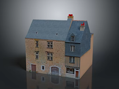 Traditional Building with Gray Roof Red Chimneys Stone Wooden Exterior Arched Doors Windows 3d model