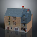 Traditional Building with Gray Roof Red Chimneys Stone Wooden Exterior Arched Doors Windows
