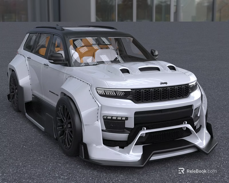 White Modified SUV With Black Rims Orange Seats Black Roof And Front Grille Design 3d model 