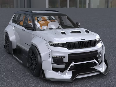 White Modified SUV With Black Rims Orange Seats Black Roof And Front Grille Design 3d model