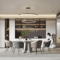 Elegant Modern Restaurant Interior With Round Dining Table Pendant Lights And Wine Rack 3d model