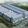 Industrial Factory Building Exterior View With Flat Roof Green Surroundings Road And Parking Area