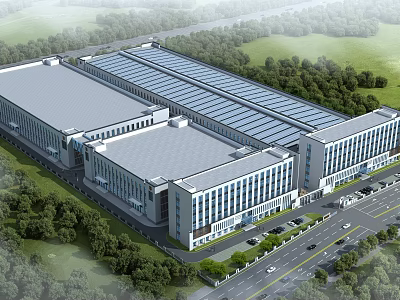 Industrial Factory Building Exterior View With Flat Roof Green Surroundings Road And Parking Area 3d model