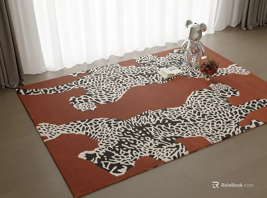 Terracotta Square Carpet With Leopard Print Design By White Curtains And Decorative Figurine 3d model 