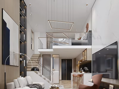 Modern Loft Apartment Interior With Living Room Staircase Pendant Lights And Sofa 3d model
