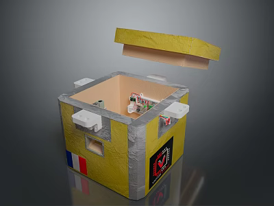 Yellow Box With Open Lid Showing Items Inside And French Flag On Side 3d model