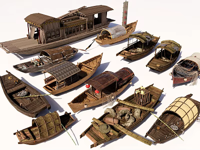 Assorted Traditional Wooden Boats Collection with Various Vintage Designs and Detailed Features 3d model