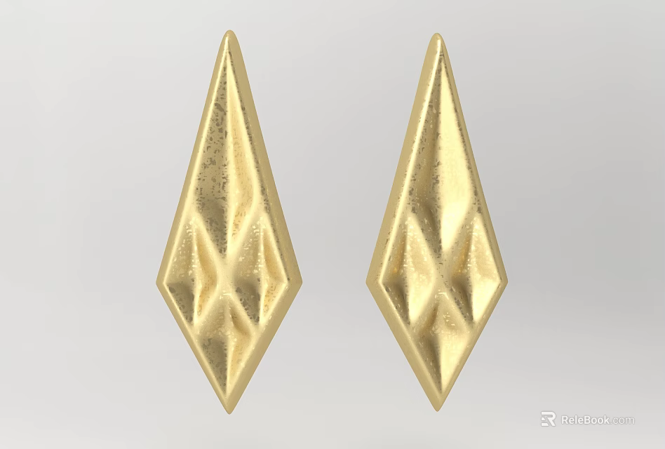 Gold Diamond Shaped Carved Earrings With Intricate Geometric Design Details 3d model 