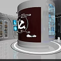 Red Themed Exhibition Space With Party Emblem And Modern Display Cabinets Showcase