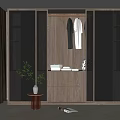 Modern Wardrobe With Mirrored Doors Hanging Gray And White Clothes And Wooden Base Storage