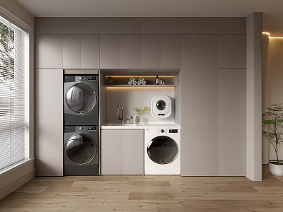 Modern Bathroom Cabinet Rack With Washing Machine Dryer Sink And Storage Shelf In Sleek Design 3d model