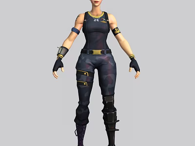 Game Movie Character In Black Tight Fitting Outfit Camouflage Pants Yellow Accents And Protective Gear 3d model