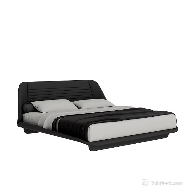 Modern Double Bed With Black Headboard White Mattress And Two Pillows 3d model
