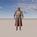 Ornate Medieval Metal Armor With Golden Decorations Helmet And Crimson Cloak