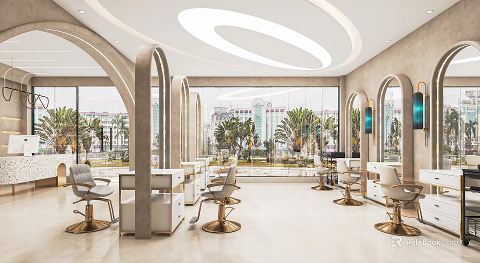 Modern Hair Salon Interior with Arches Large Windows Palm Trees View Styling Chairs White Counters 3d model 