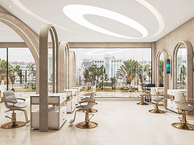Modern Hair Salon Interior with Arches Large Windows Palm Trees View Styling Chairs White Counters 3d model