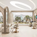 Modern Hair Salon Interior with Arches Large Windows Palm Trees View Styling Chairs White Counters