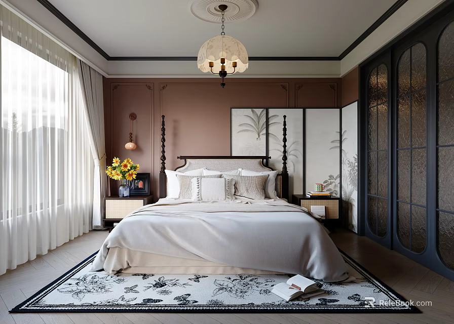 Elegant Bedroom Interior With Brown Walls White Bedding Chandelier And Patterned Rug 3d model 