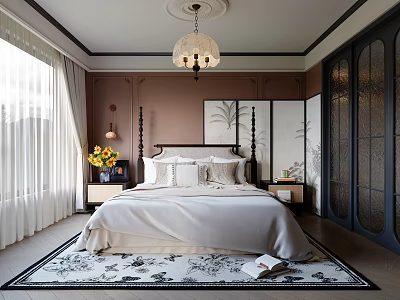 Elegant Bedroom Interior With Brown Walls White Bedding Chandelier And Patterned Rug 3d model