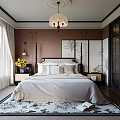 Elegant Bedroom Interior With Brown Walls White Bedding Chandelier And Patterned Rug