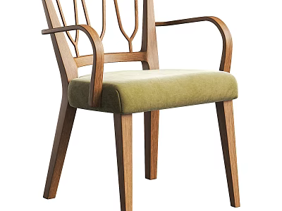 Stylish Single Chair With Wooden Frame Armrests Unique Backrest And Green Upholstered Seat 3d model