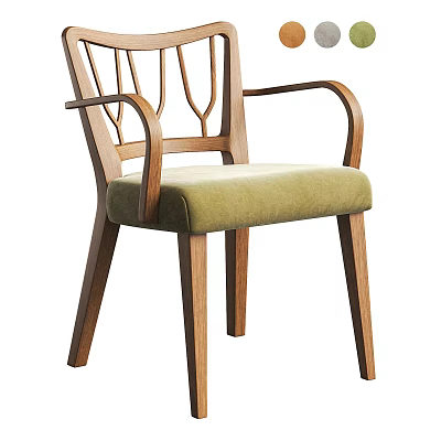 Stylish Single Chair With Wooden Frame Armrests Unique Backrest And Green Upholstered Seat 3d model