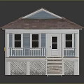 Small Blue House Model With Red Roof White Porch Railings And Wooden Stairs