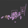 Miniature Scene Components With Wooden Ladder Crates Bottles Stone And Basket
